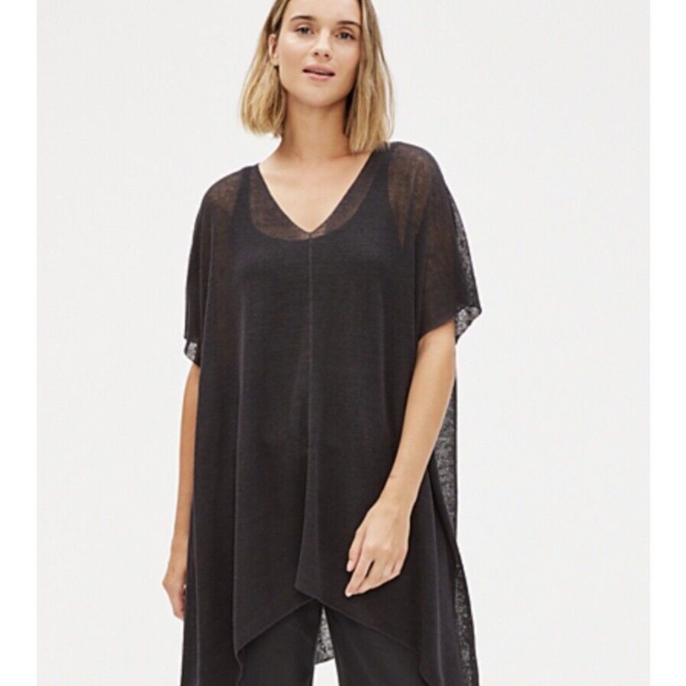 NWT Eileen Fisher ORGANIC LINEN CREPE V-NECK PONCHO TOP GRAPHITE One Size